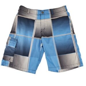 Distortion Plaid Board Shorts 32 Mens Blue Black‎ 11" Flat Front Swim Surf